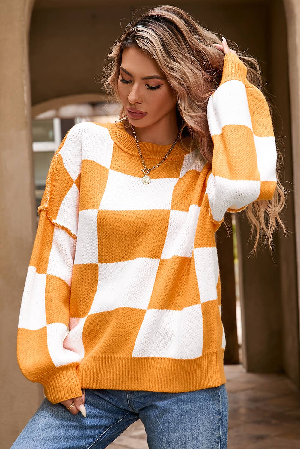 Checkered Bishop Sleeve Sweater