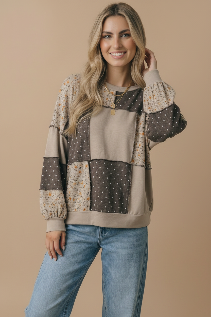 Round Neck Floral &amp; Polka Dot Patchwork French Terry Pullover