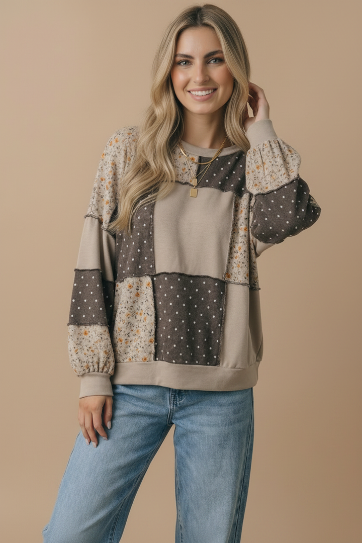 Round Neck Floral &amp; Polka Dot Patchwork French Terry Pullover