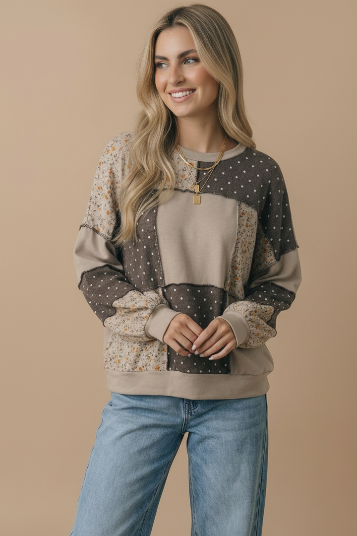 Round Neck Floral &amp; Polka Dot Patchwork French Terry Pullover