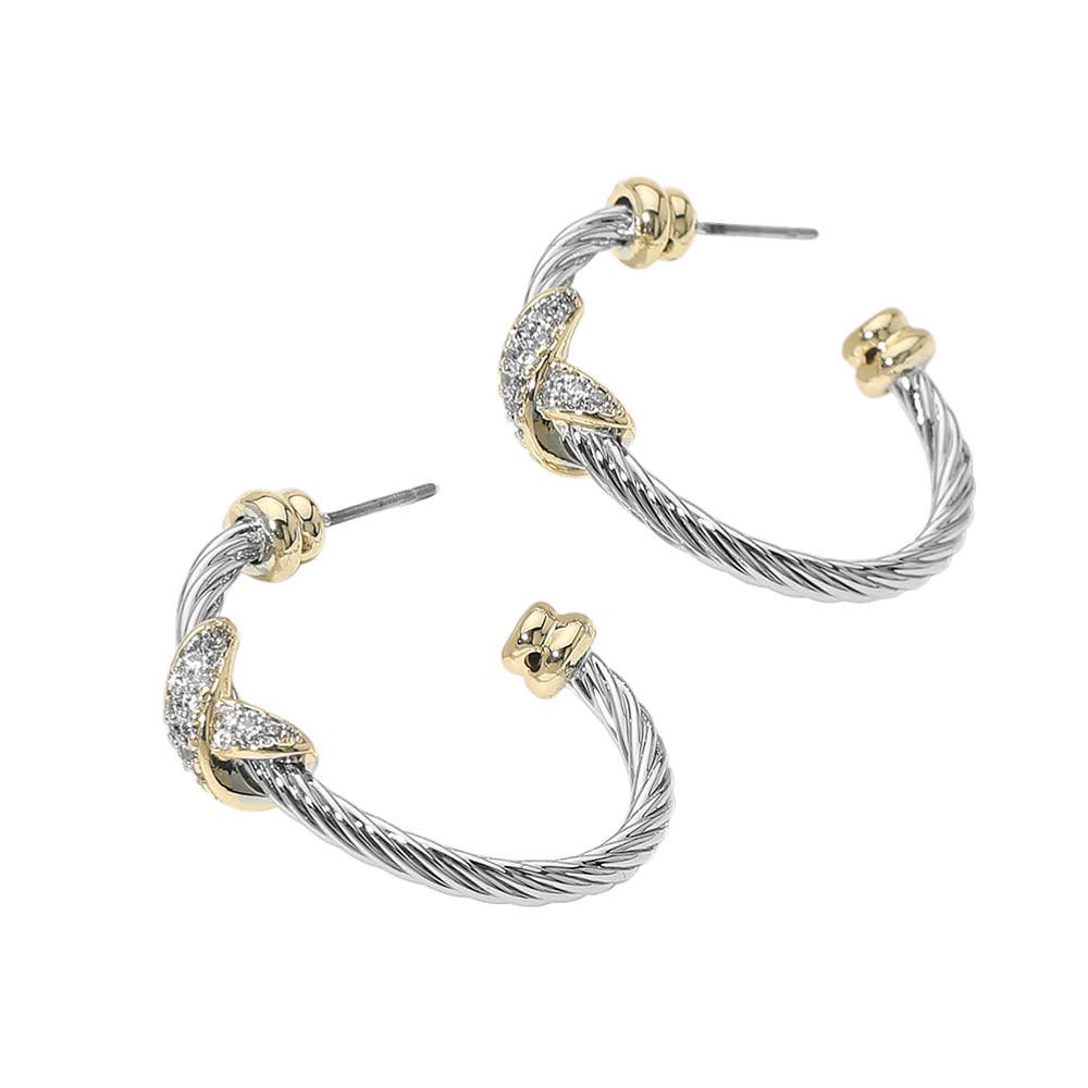 14K Gold Plated CZ Pave Knot Accent Twisted Hoop Earrings