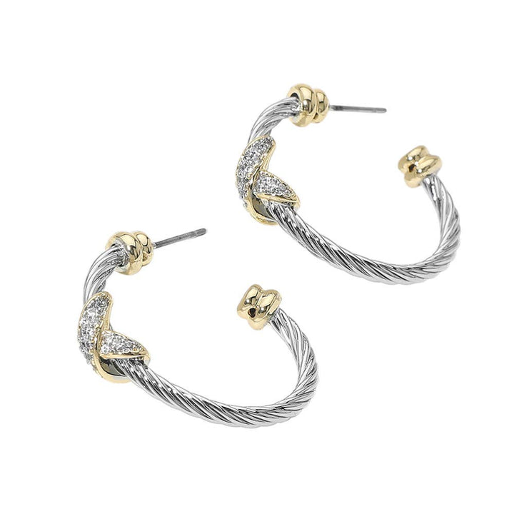 14K Gold Plated CZ Pave Knot Accent Twisted Hoop Earrings