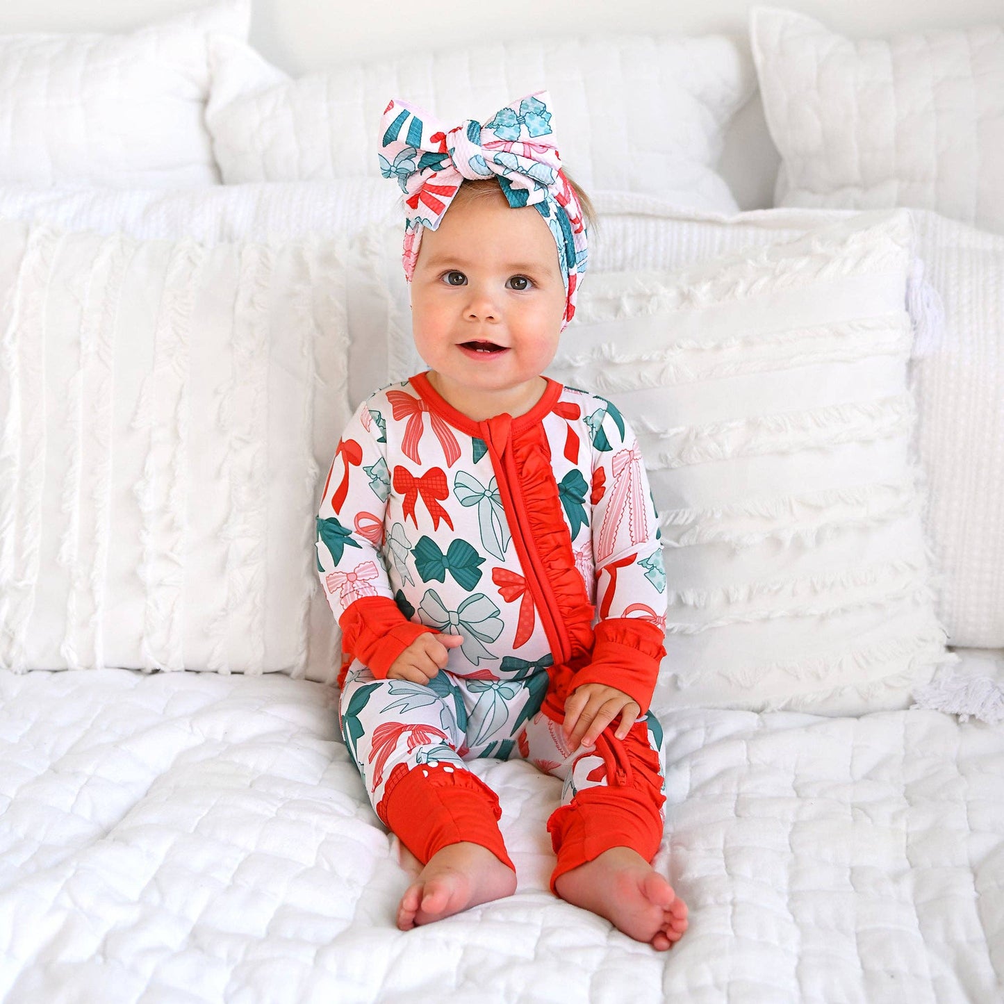 Belle Bows RUFFLE ZIP Christmas Bamboo Baby One Piece Outfit
