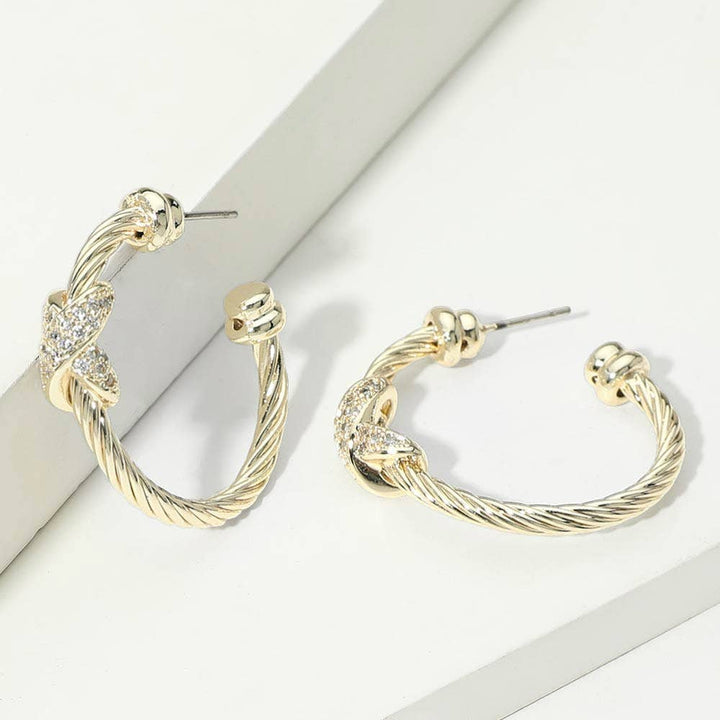 14K Gold Plated CZ Pave Knot Accent Twisted Hoop Earrings