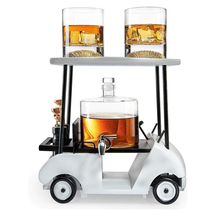 Wine Savant golf cart whiskey decanter set with tap dispenser and two whiskey glasses, unique golf gift for men