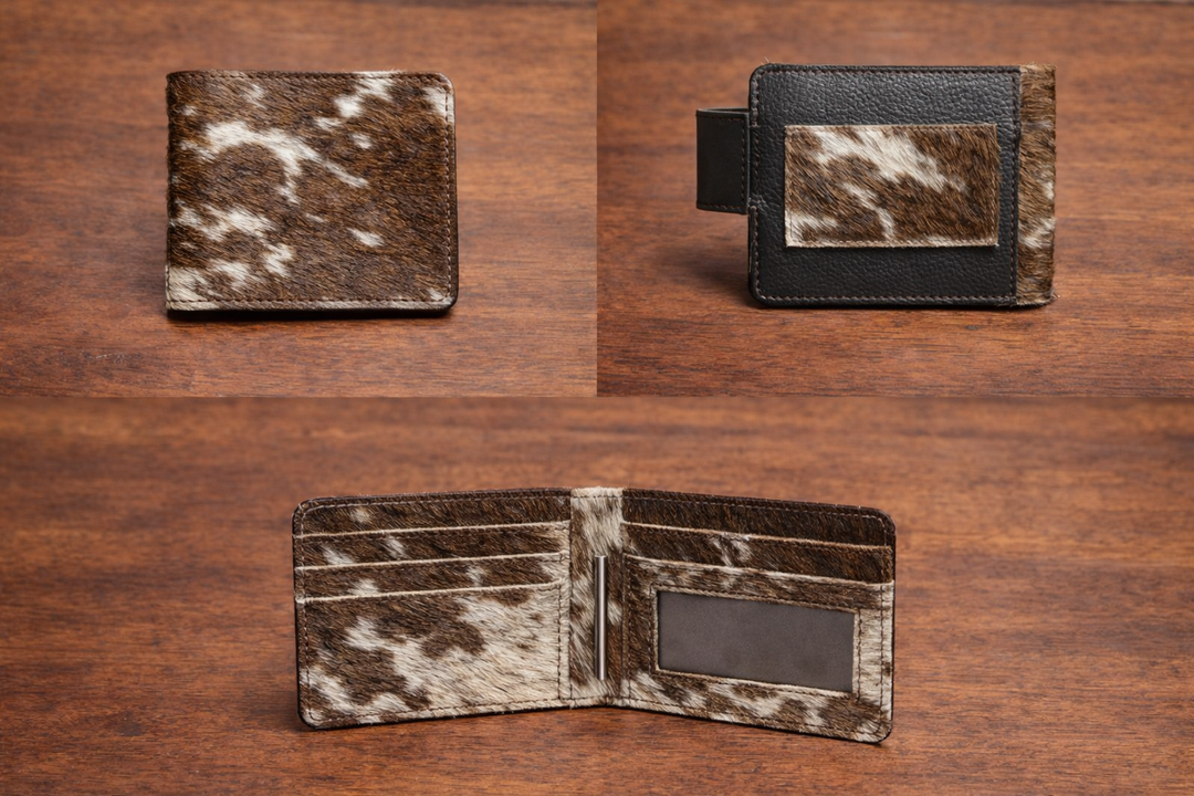 Hair on hide leather wallet with natural cowhide pattern