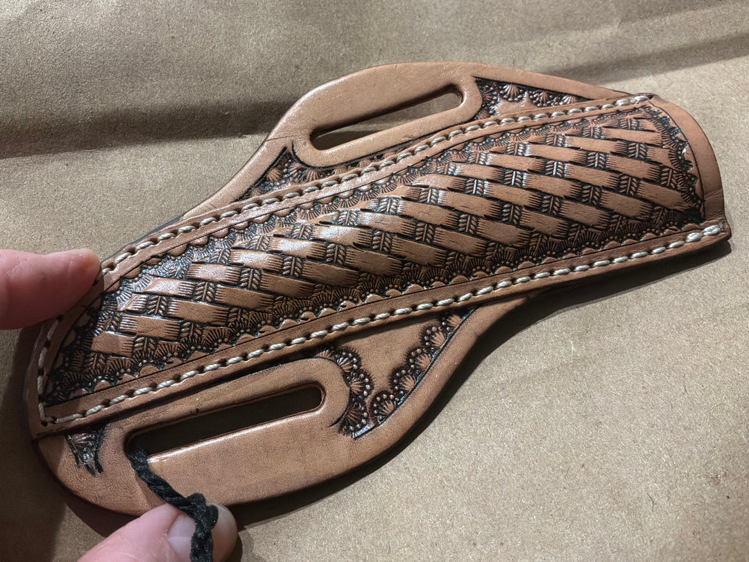 Hand tooled leather knife sheath with basket weave and western floral design