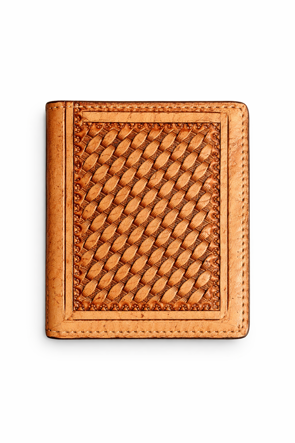 Hand tooled leather wallet with classic western basket weave design on front panel