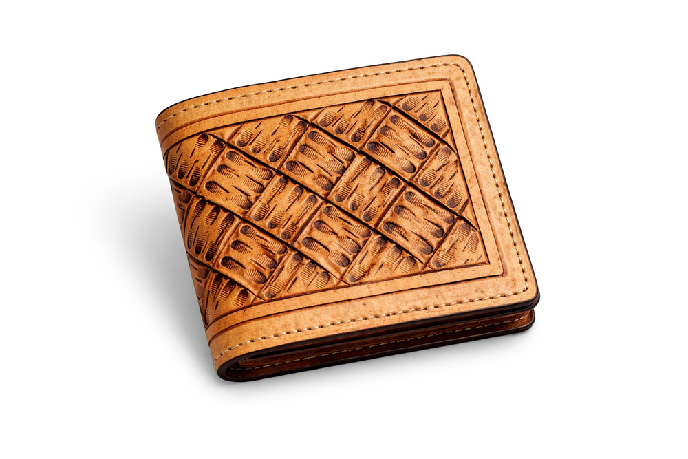Hand tooled leather wallet with basket weave western design on front panel