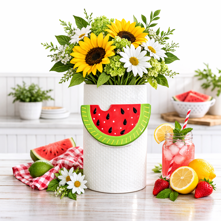 Happy Everything white small dot big oval vase ceramic interchangeable décor base for flowers With watermelon attachment and lemonade for Summer