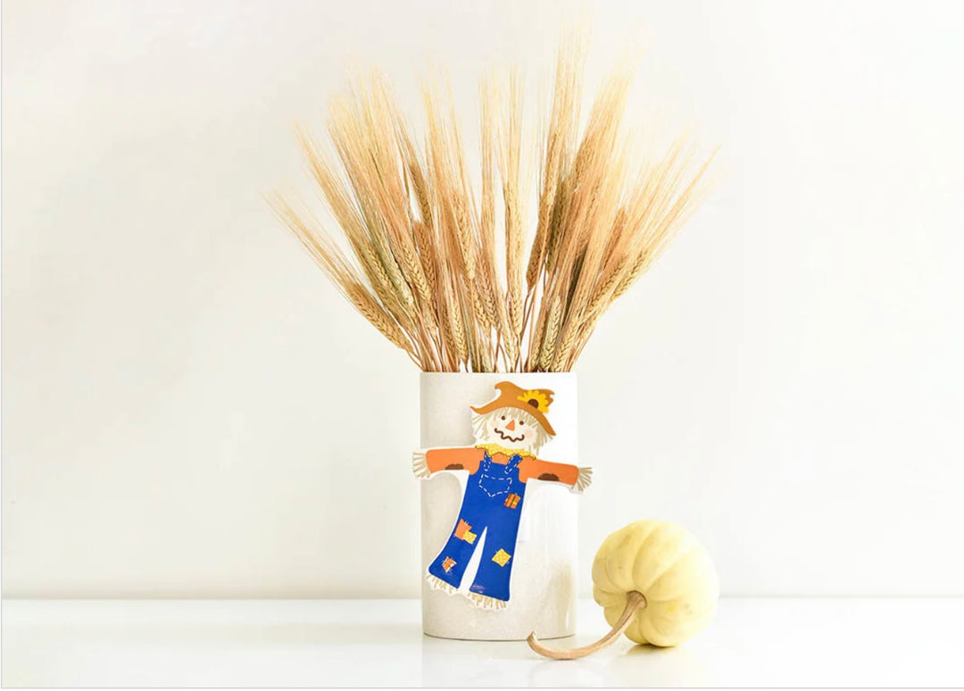 Happy Everything white small dot big oval vase ceramic interchangeable décor base for flowers With Fall Scarecrow attachment
