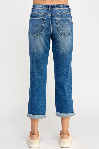 Mid Rise Stretch Tummy Control Slim Boyfriend Jeans