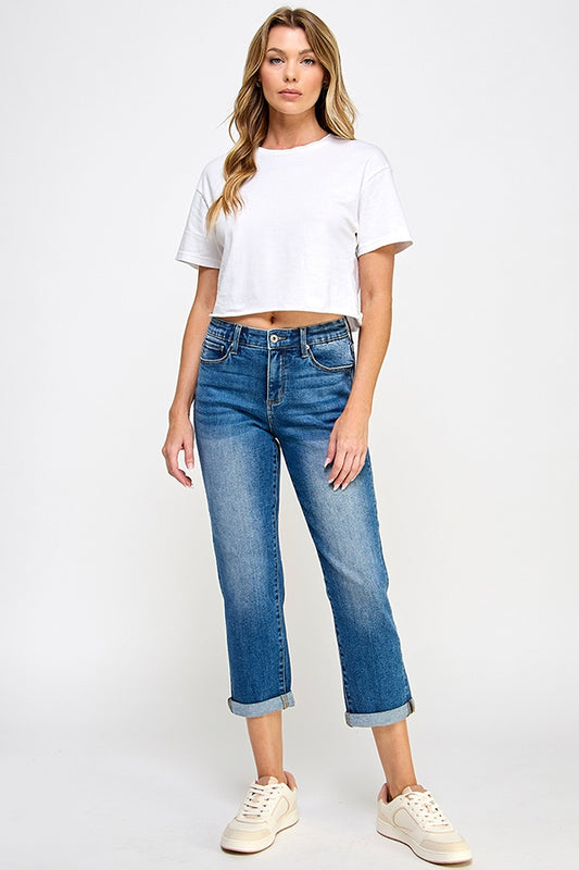 Mid Rise Stretch Tummy Control Slim Boyfriend Jeans