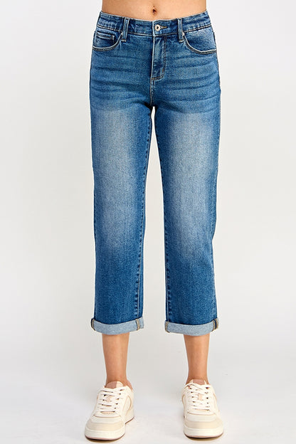 Mid Rise Stretch Tummy Control Slim Boyfriend Jeans