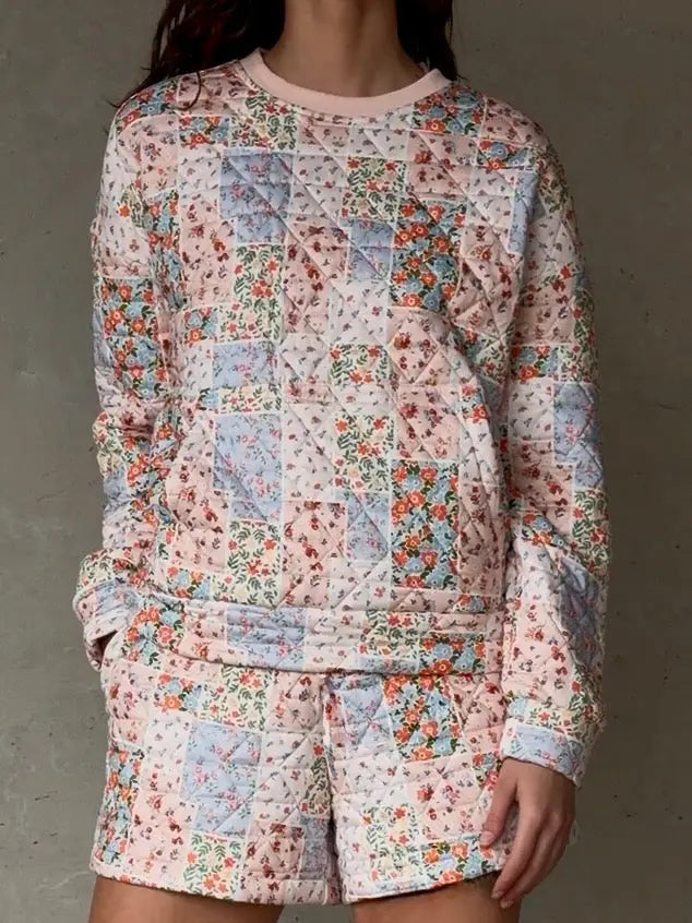 Judy Quilted Floral Short Set front view featuring a floral patchwork crewneck and matching drawstring shorts.