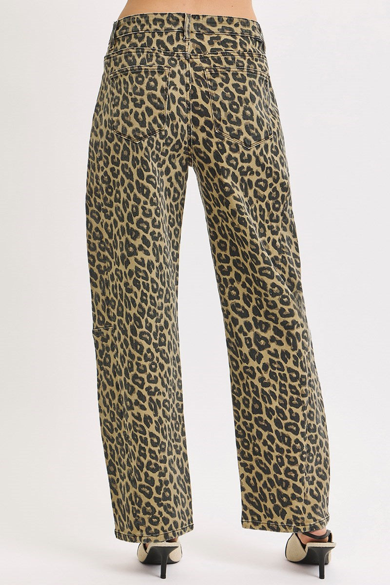 Back view of leopard print barrel jeans with relaxed fit and functional pockets