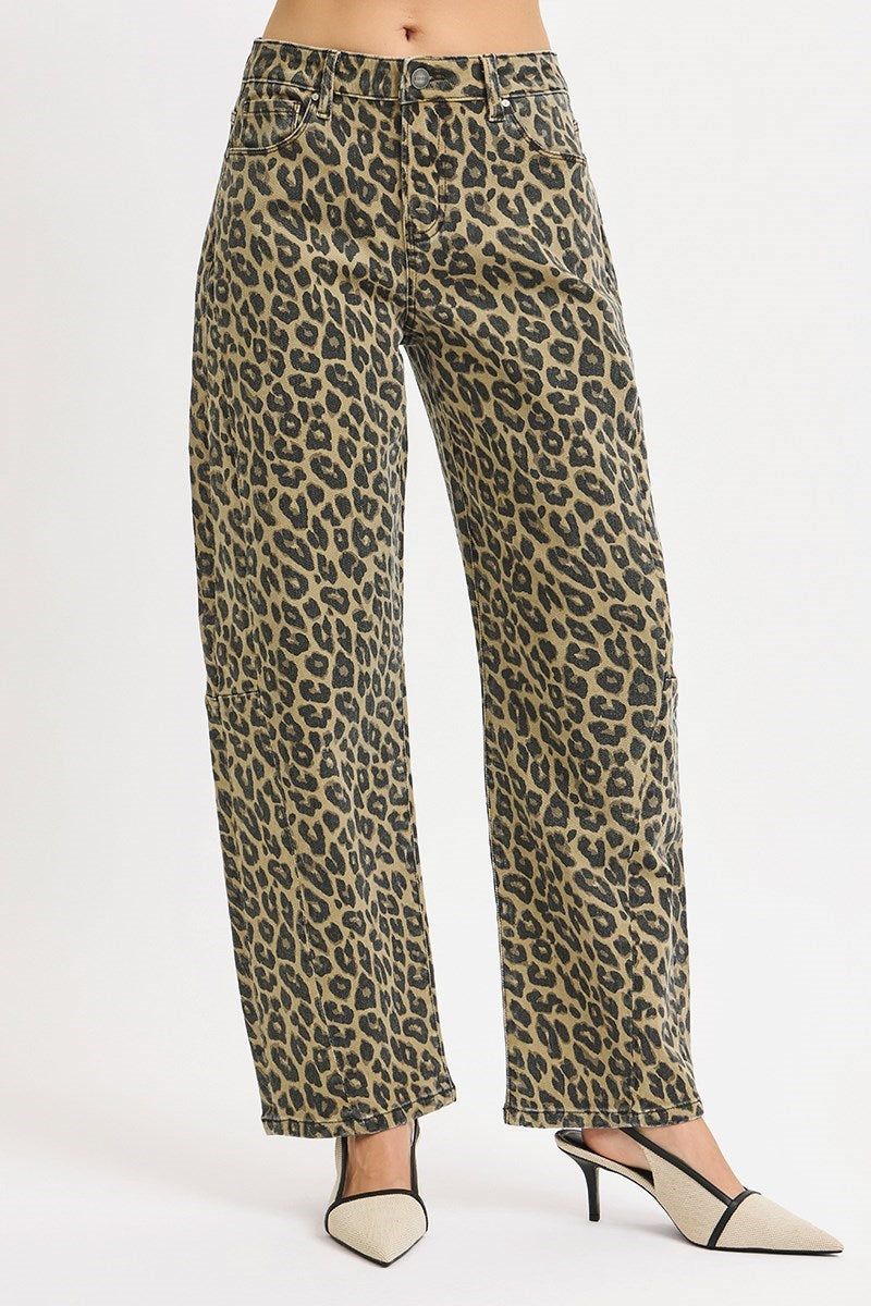 Leopard print barrel jeans with high rise fit and curved leg silhouette front view