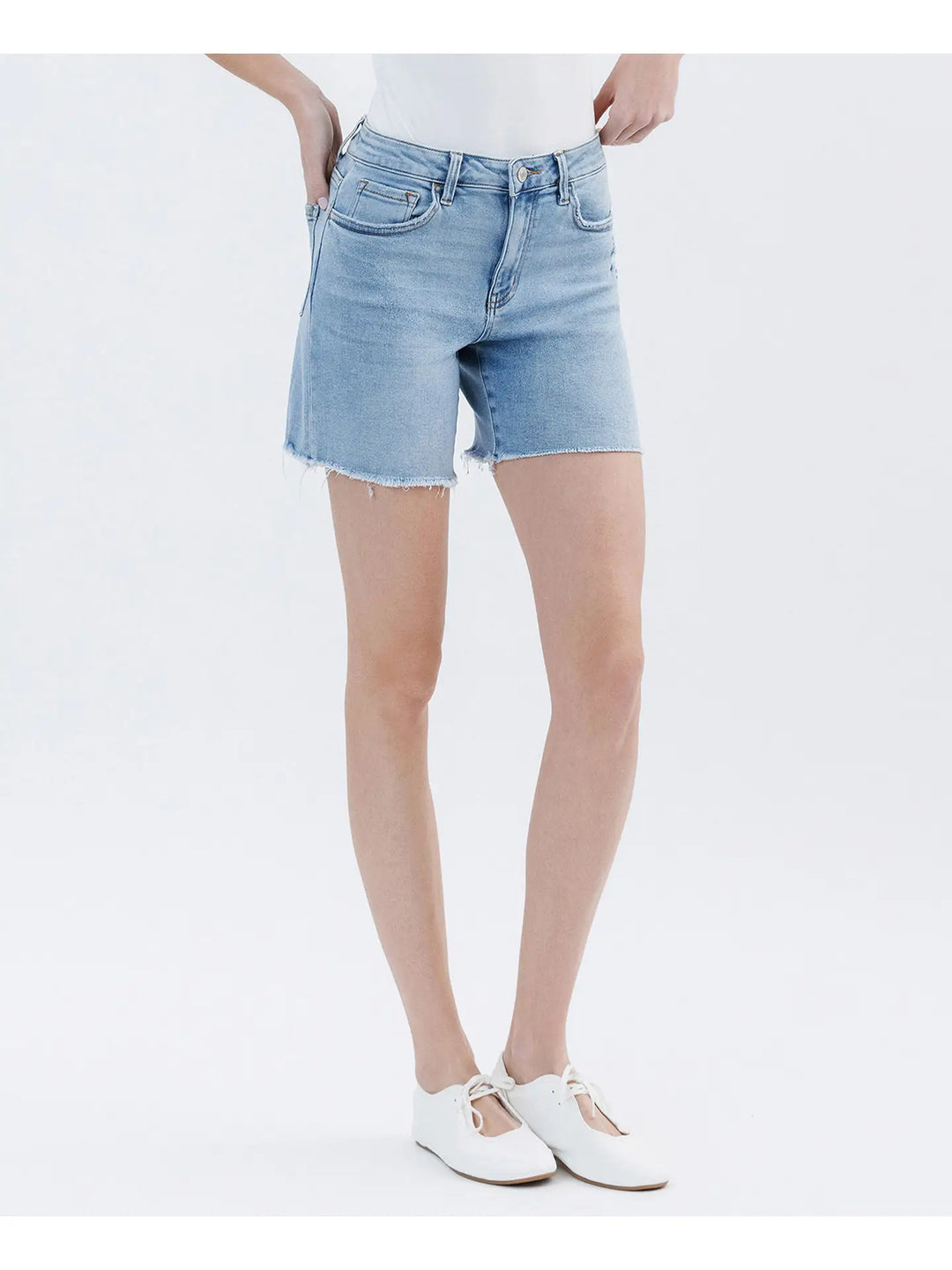 Front view of Lovervet by Vervet high rise raw hem midi denim shorts in a light wash