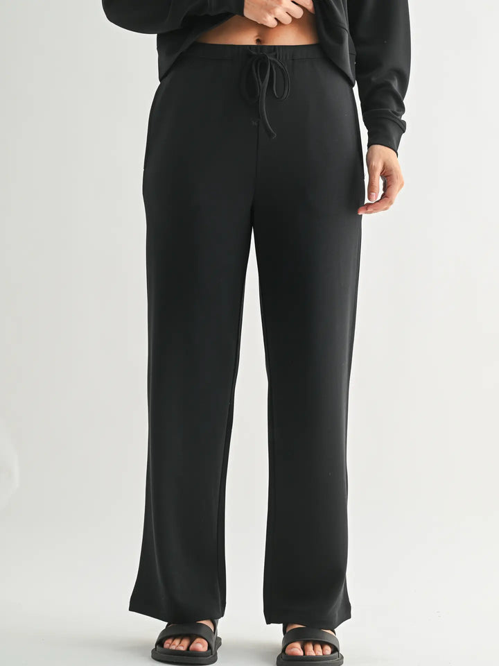 Front view of Mono B Laguna Wide-Leg Pants featuring a relaxed silhouette and buttery-soft scuba fabric.