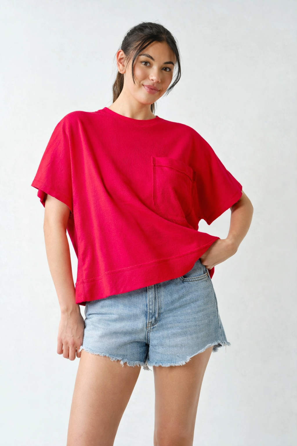 Red Mono B French terry pocket tee styled with light wash denim shorts front view