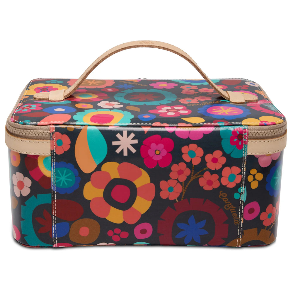 Top view of Consuela Amelie Train Case with floral pattern and leather handle
