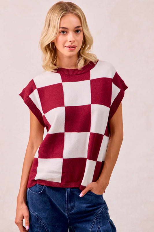 CHECKER DROP SHOULDER SWEATER TOP