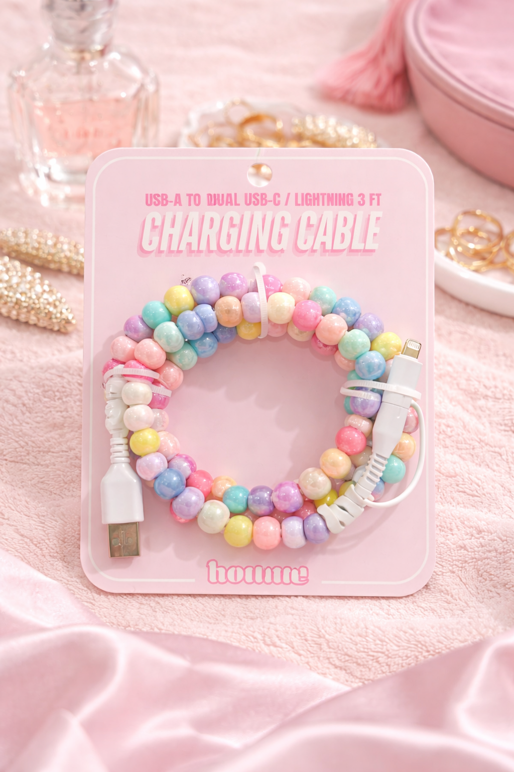 pastel multicolor beaded charging cable aesthetic cute phone charger on pink background