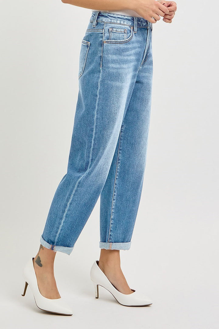 Side profile of Risen High Rise Crop Mild Barrel Jeans highlighting the modern barrel leg shape and cropped length.