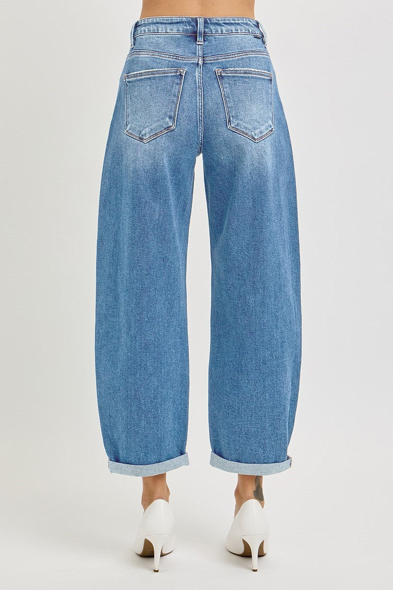 Back view of Risen High Rise Crop Mild Barrel Jeans featuring a flattering high-rise fit and relaxed barrel leg silhouette.