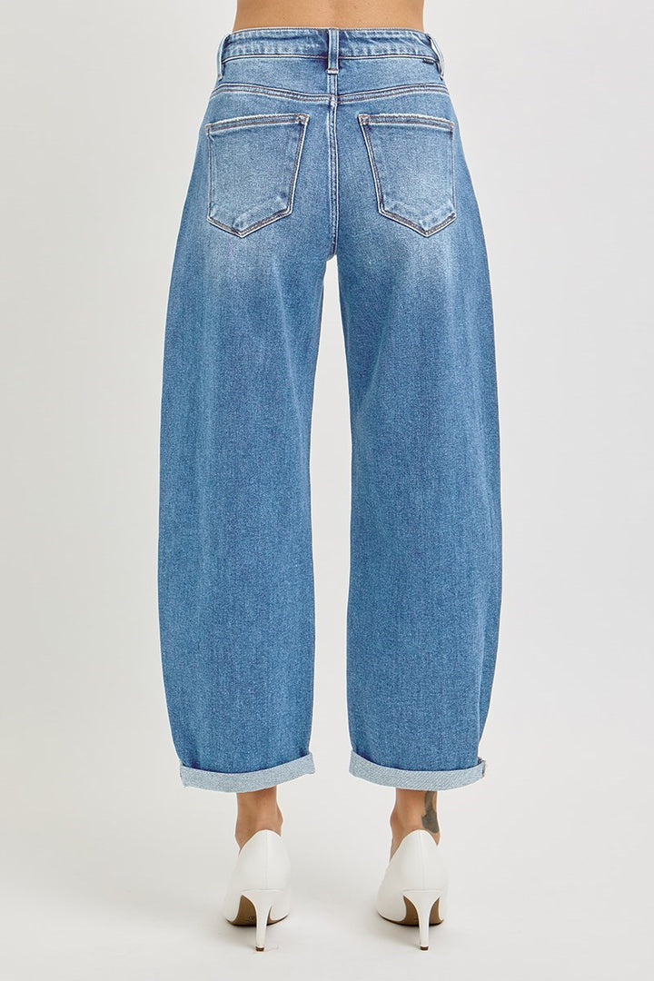 Back view of Risen High Rise Crop Mild Barrel Jeans featuring a flattering high-rise fit and relaxed barrel leg silhouette.