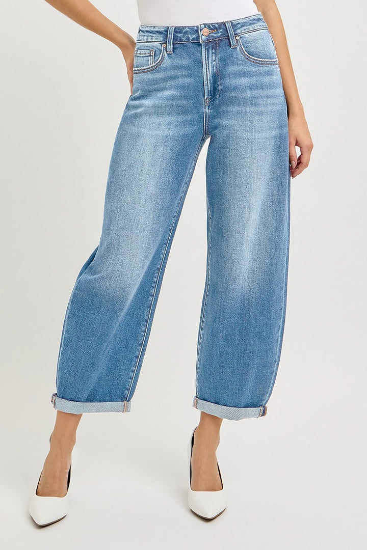 Front view of Risen High Rise Crop Mild Barrel Jeans showcasing the relaxed barrel leg fit and cuffed cropped hem.