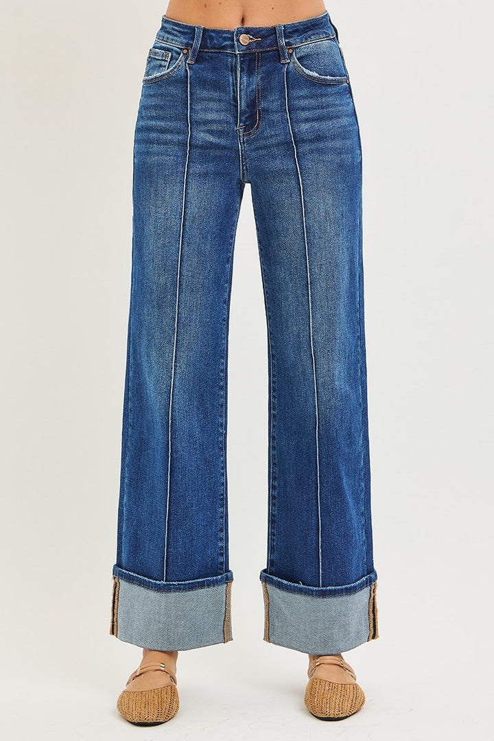 Close-up front view of Risen High Rise Ankle Wide Turn Up Jeans highlighting the center seam detail, high-rise waist, and oversized turned-up cuffs.