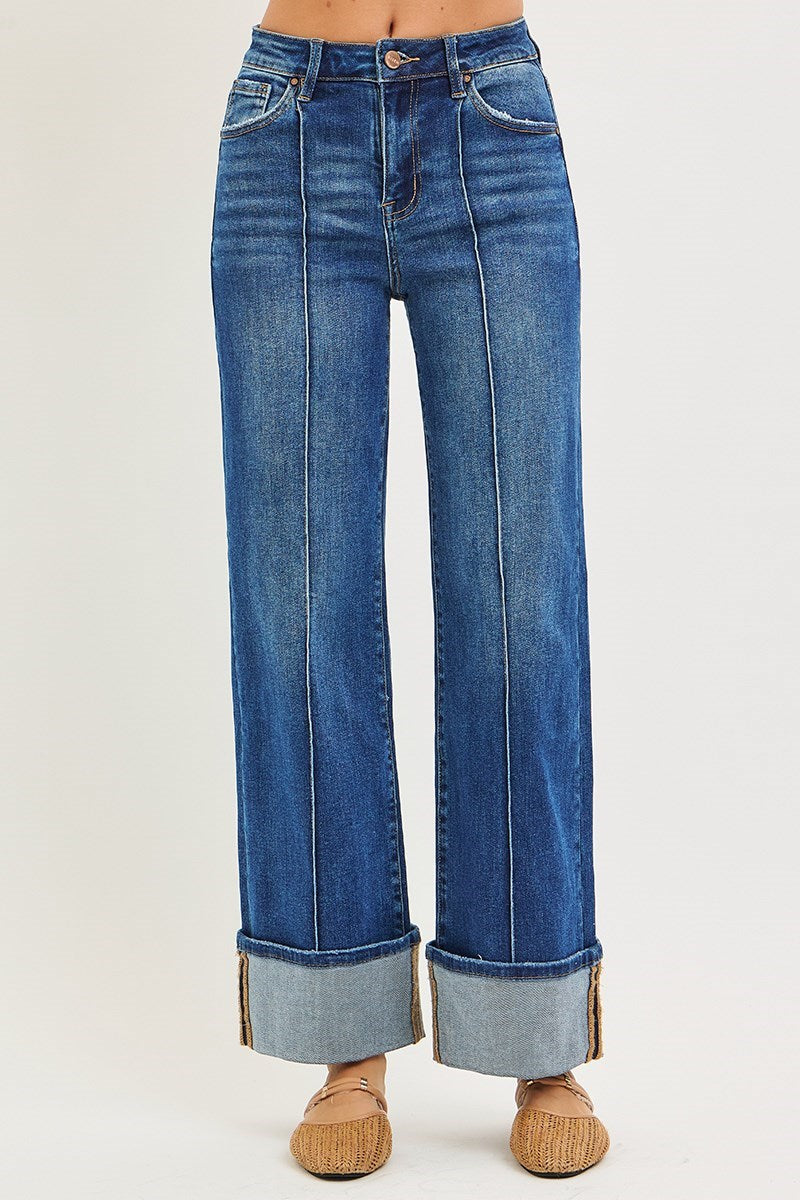 Front view of Risen High Rise Ankle Wide Turn Up Jeans with contrast front seam detailing and oversized cuffed hem.