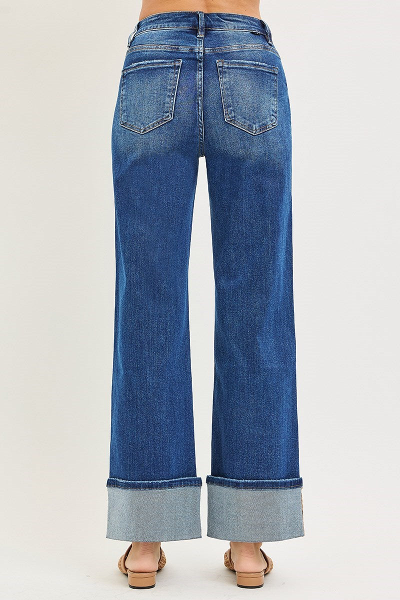 Back view of Risen High Rise Ankle Wide Turn Up Jeans featuring a flattering fit, classic back pockets, and statement cuffed hem.