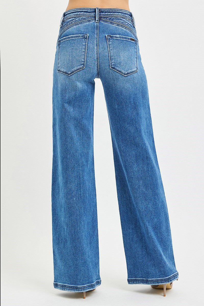 Back view of Risen High Rise Wide Leg Waist Detail Jeans featuring a flattering fit and classic pocket styling.