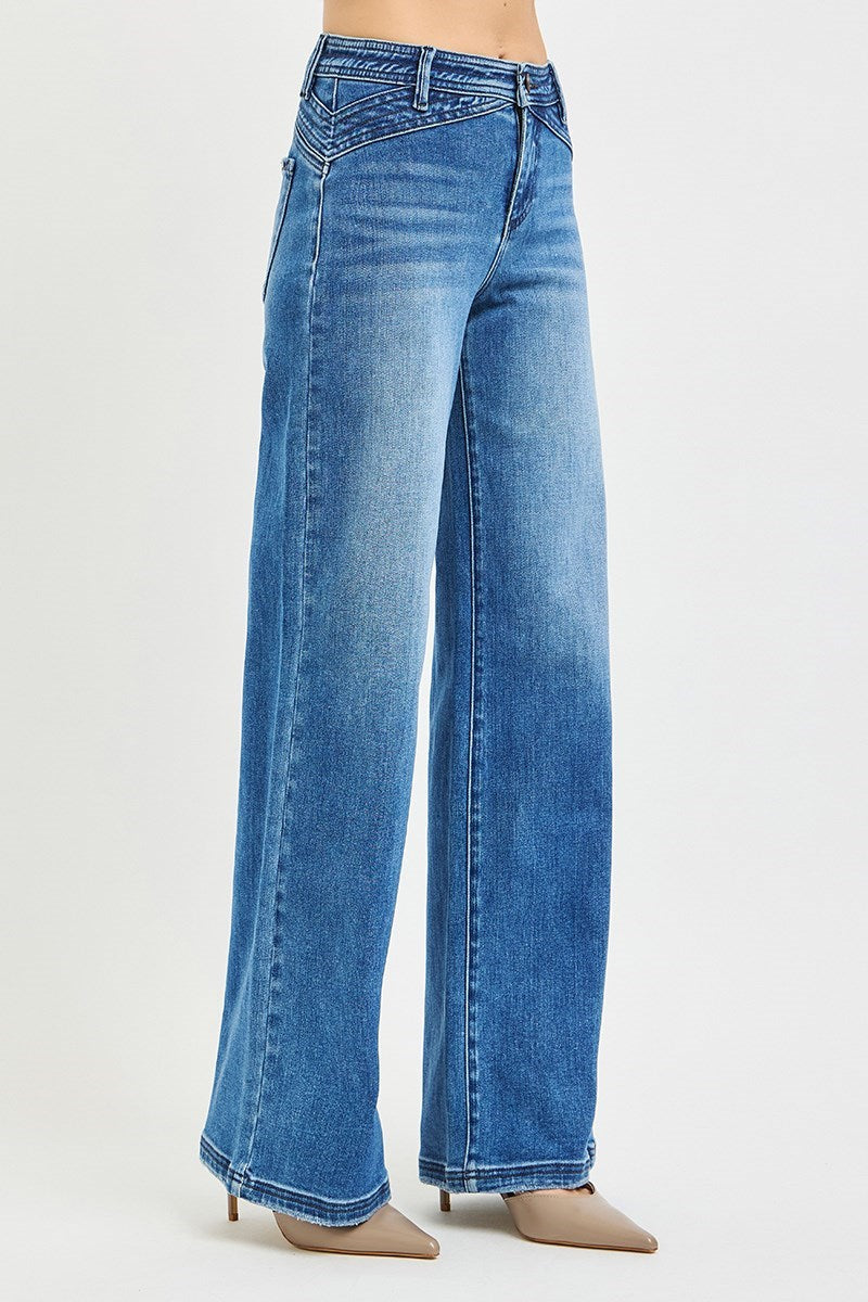 Side view of Risen High Rise Wide Leg Waist Detail Jeans showcasing the relaxed wide leg fit.