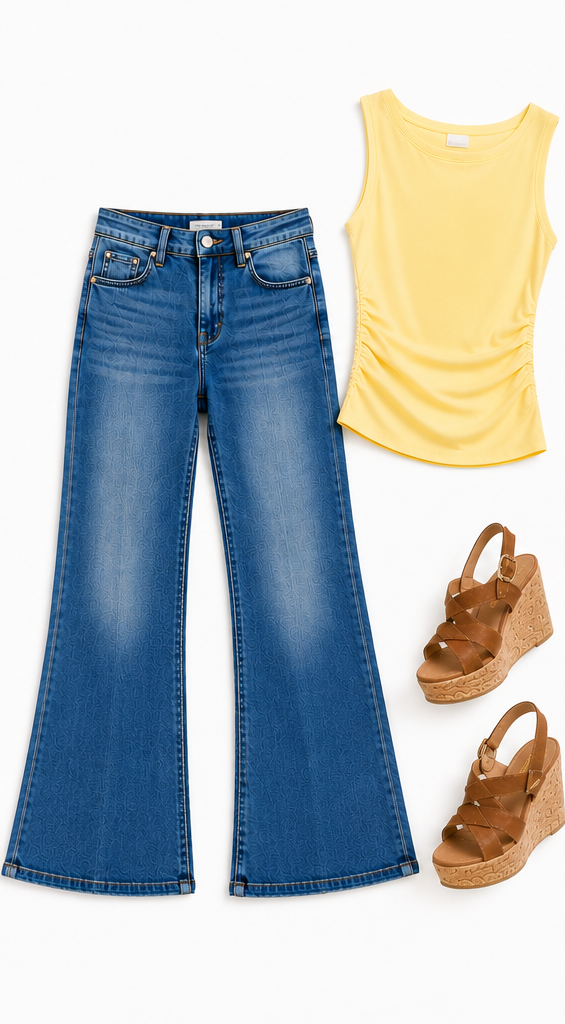 Risen tummy control high rise wide flare jeans styled flat lay with yellow sleeveless top and brown wedge sandals.