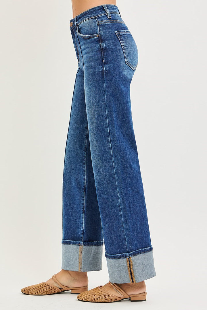the relaxed wide leg silhouette and wide cuffed ankle hem.