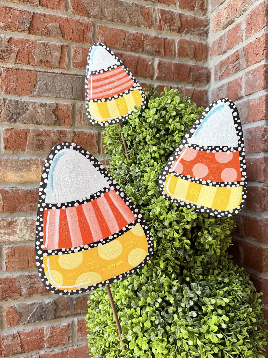 Round Top Whimsy candy corn Halloween decorations set of three with easel, hanging and stake display options.