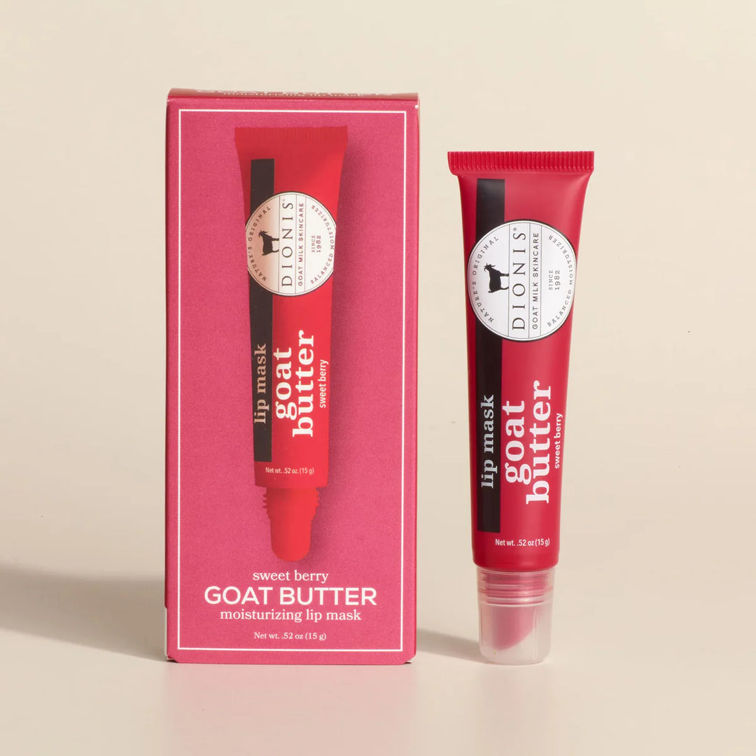 Red lip mask tube with pink packaging on a beige background