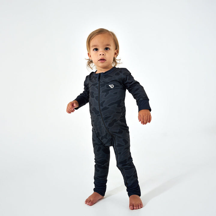 Burlebo Baby Zip Footie Black Camo | Soft Performance Infant One-Piece Pajamas