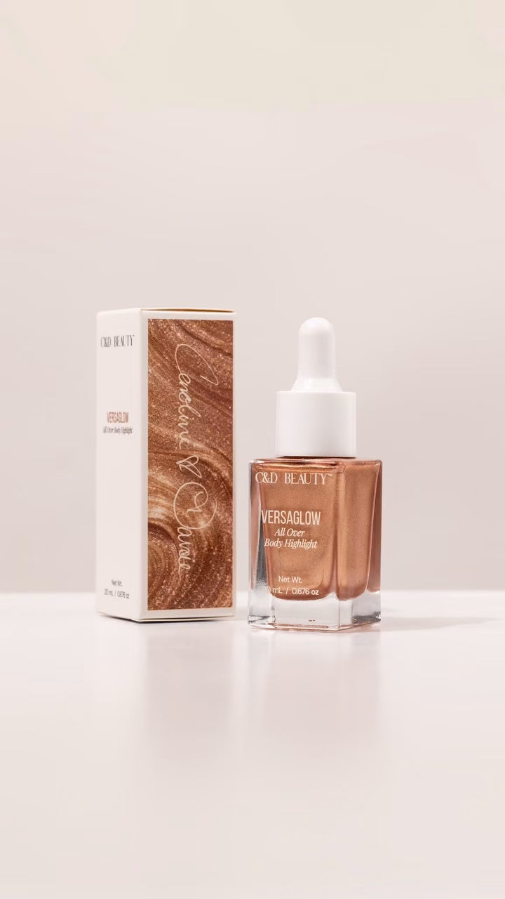 VersaGlow All Over Body Highlight with coordinating luxury box, perfect for gifting and summer beauty routines.