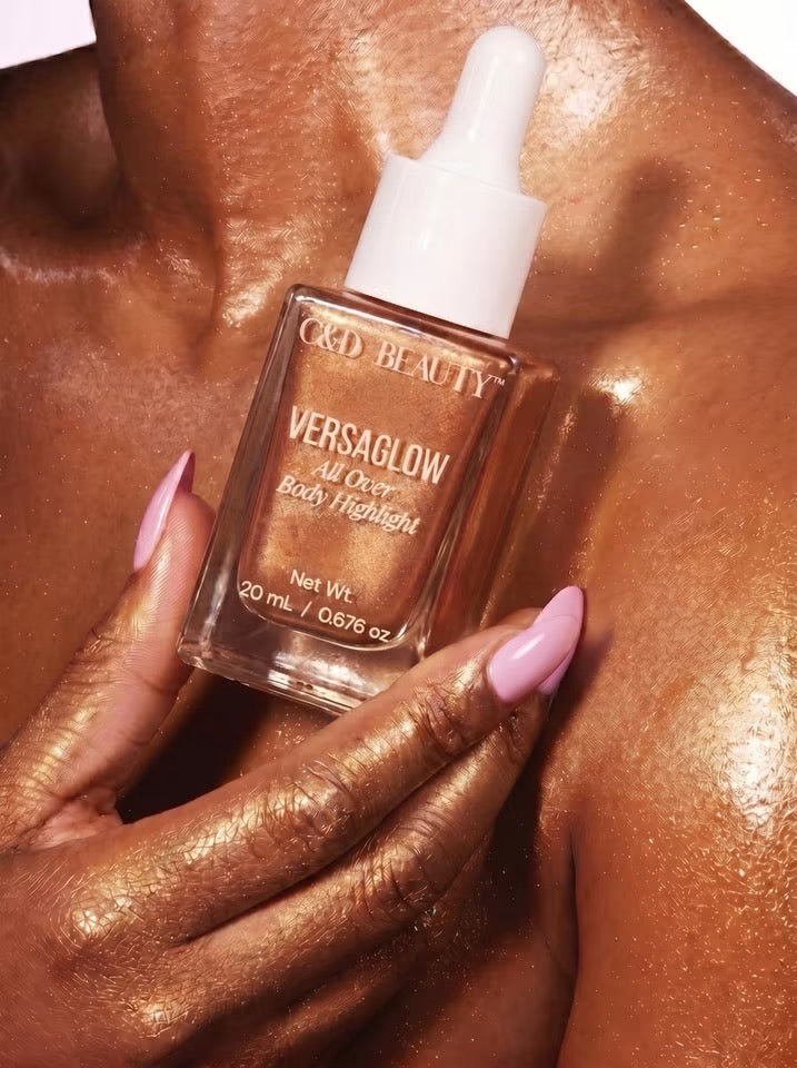 VersaGlow All Over Body Highlight by C&amp;D Beauty displayed against glowing skin to showcase its luminous finish.