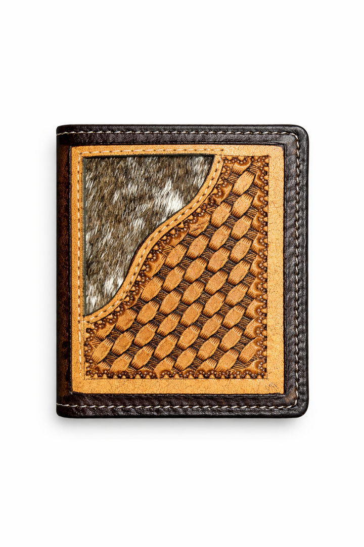 Hand tooled leather wallet with basket weave design and hair on hide western style front panel