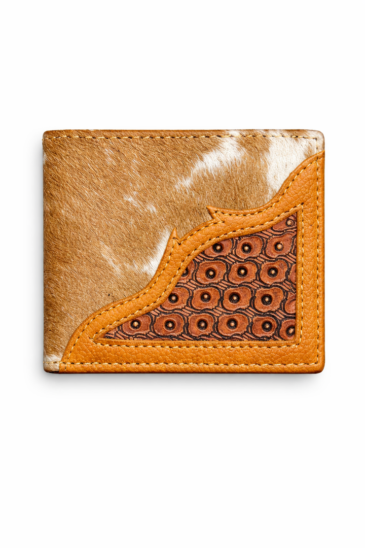 Hand tooled leather wallet with hair on hide and western corner tooling design