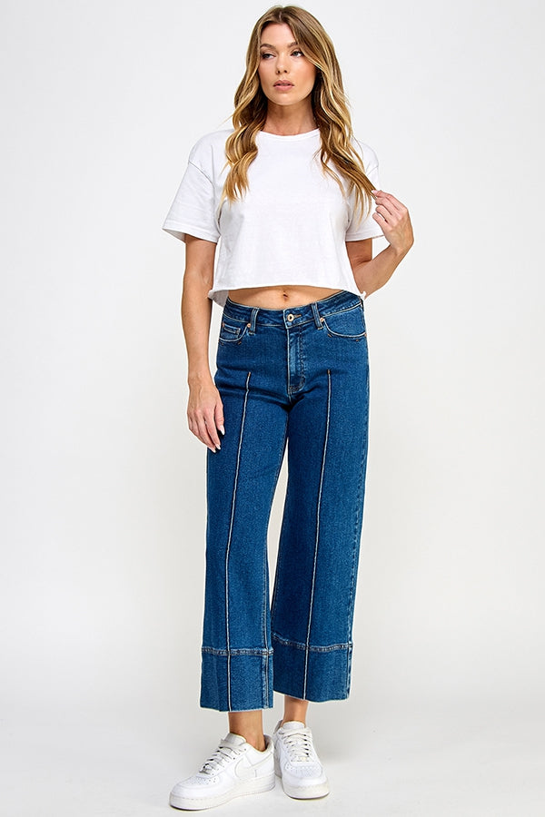 Mid Rise Stretch Crop Wide Leg with Pintuck Detail