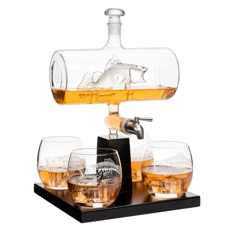 Wine Savant fish whiskey decanter set with built-in tap dispenser and engraved whiskey glasses on black display base