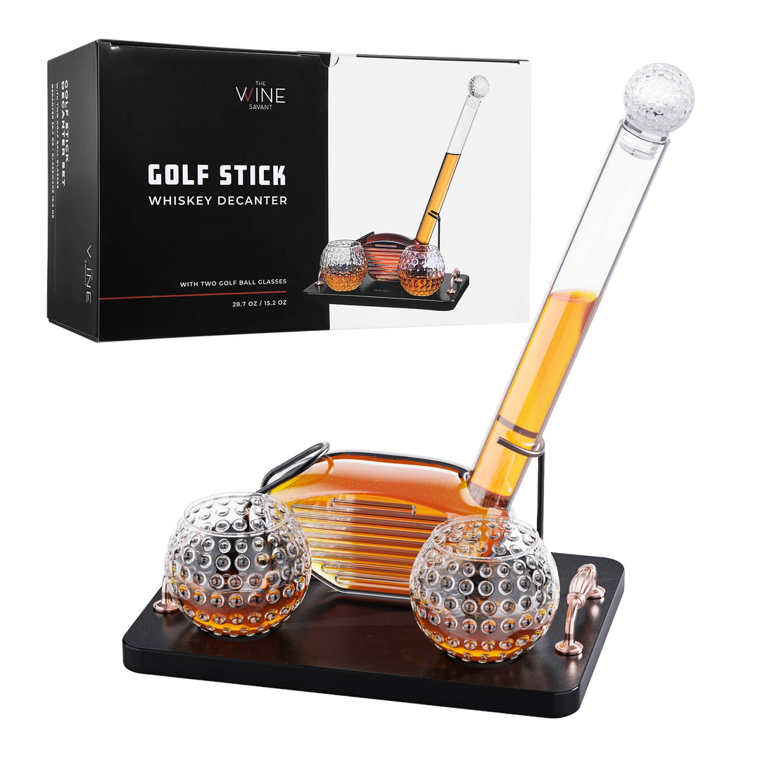 Wine Savant golf stick whiskey decanter set with two golf ball glasses and luxury gift box packaging