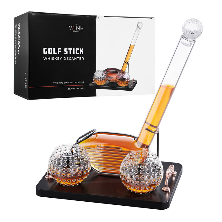Wine Savant golf stick whiskey decanter set with two golf ball glasses and luxury gift box packaging