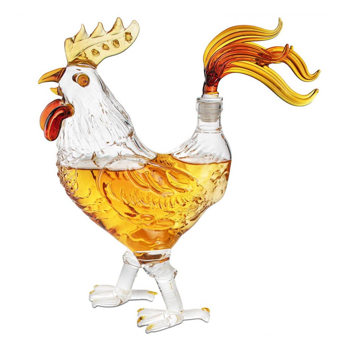 Wine Savant rooster shaped whiskey decanter made of crystal-clear glass filled with bourbon